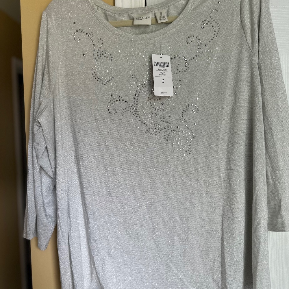 Chicos 3/4 length sleeve silver embellished shirt
